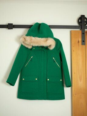 Crewcuts Wool Blend Coat | Kelly Green | Detachable Fur Hood | Girls Size 12
